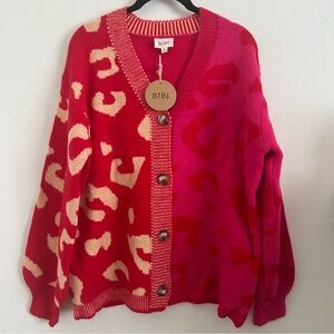 BiBi Women's Bold Red and Pink Leopard Print Cardigan Sweater size Small